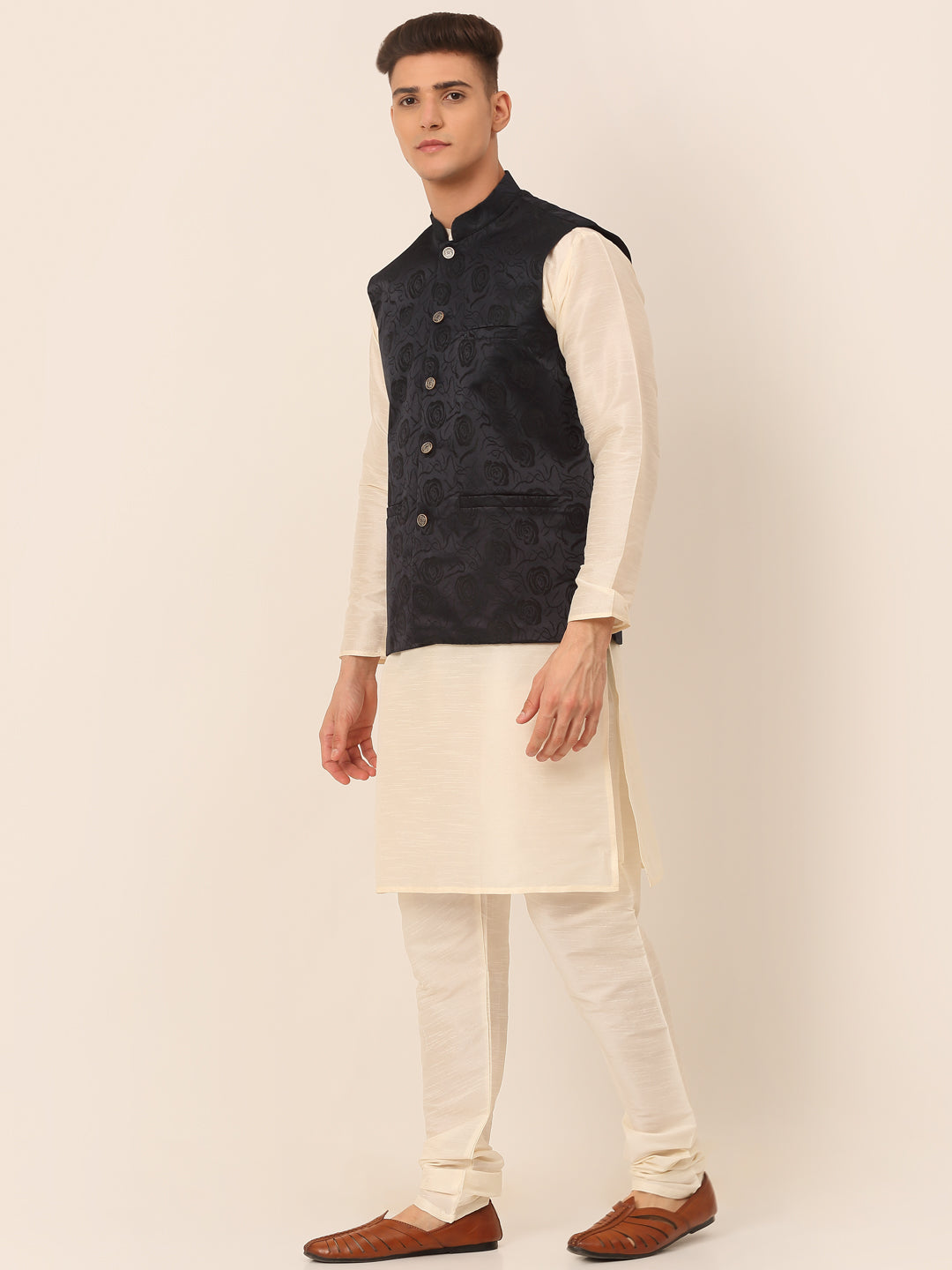 Jompers Men's Solid Kurta Pyjama With Floral Embroidered Nehru Jacket - Navy Blue | Grocsy