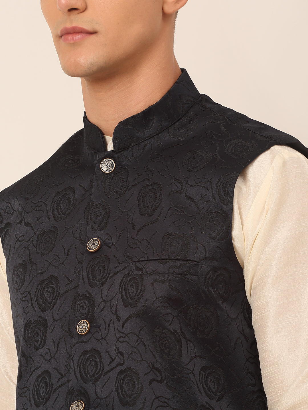 Jompers Men's Solid Kurta Pyjama With Floral Embroidered Nehru Jacket - Navy Blue | Grocsy