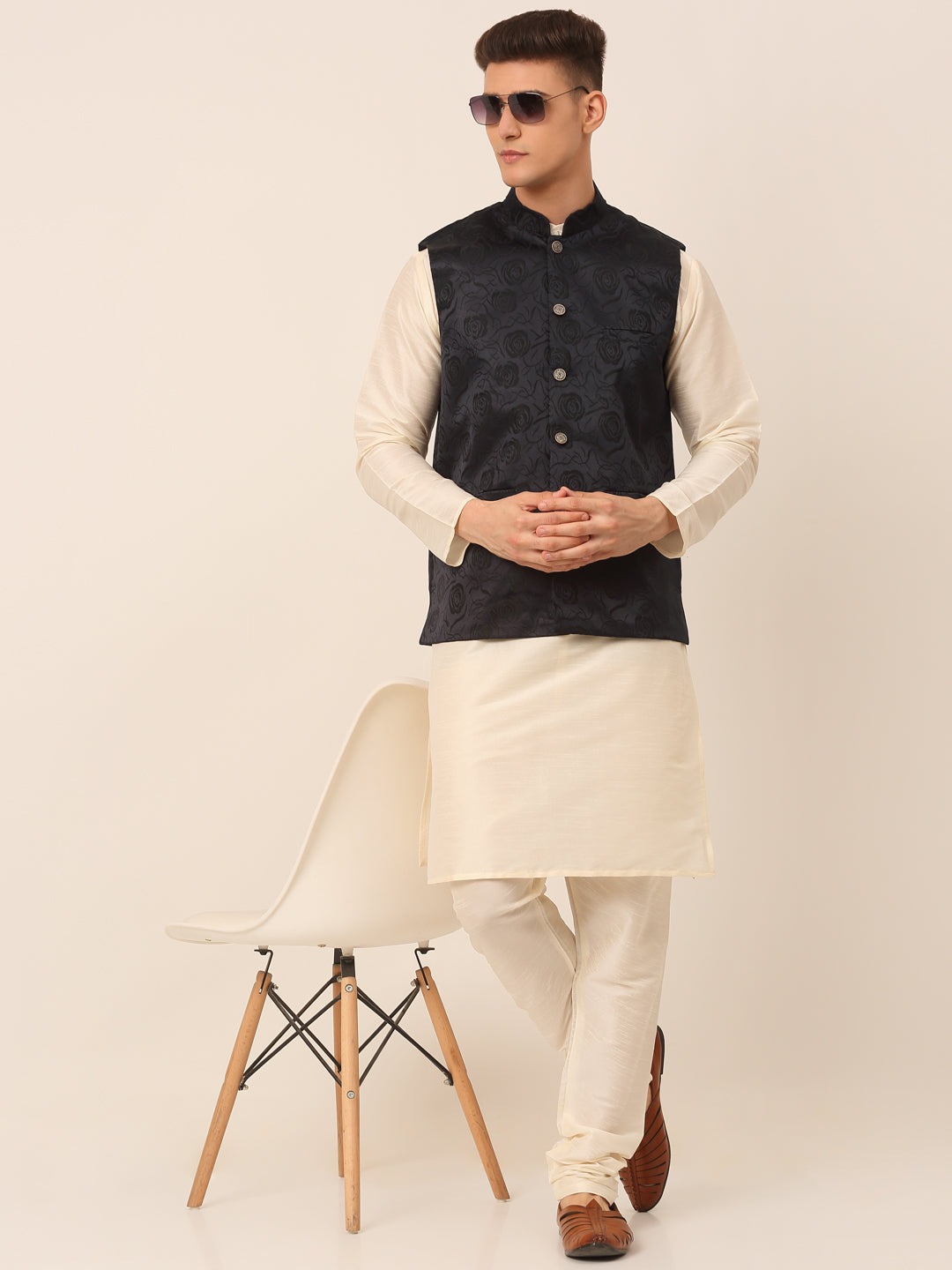 Jompers Men's Solid Kurta Pyjama With Floral Embroidered Nehru Jacket - Navy Blue | Grocsy
