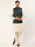 Jompers Men's Solid Kurta Pyjama With Teal Floral Embroidered Nehru Jacket | Grocsy