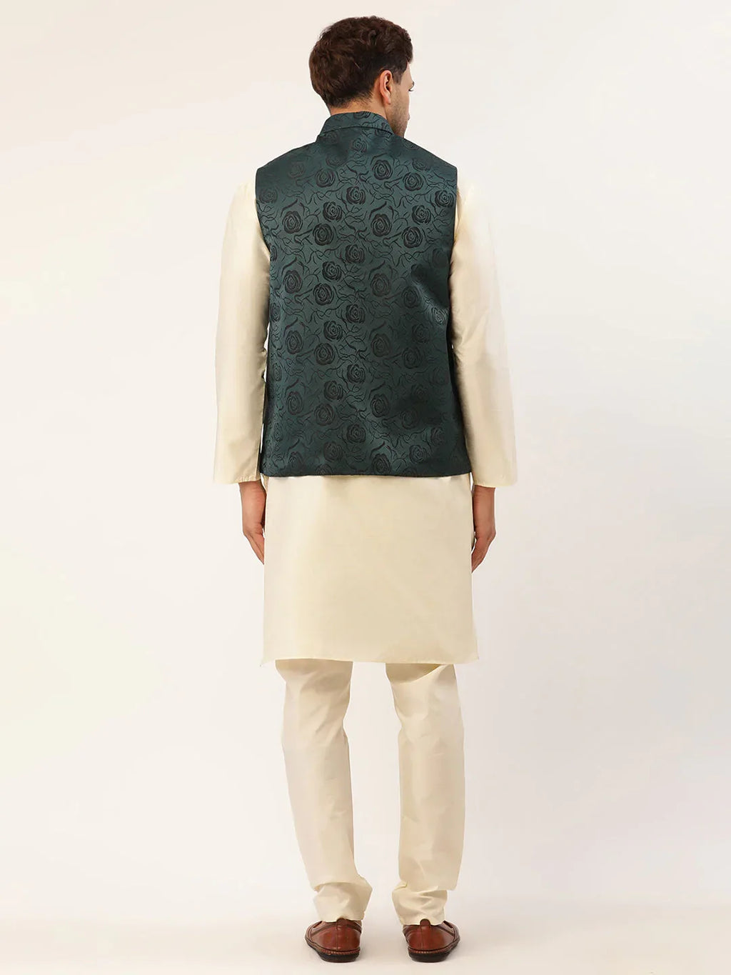 Jompers Men's Solid Kurta Pyjama With Teal Floral Embroidered Nehru Jacket | Grocsy