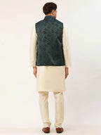 Jompers Men's Solid Kurta Pyjama With Teal Floral Embroidered Nehru Jacket | Grocsy