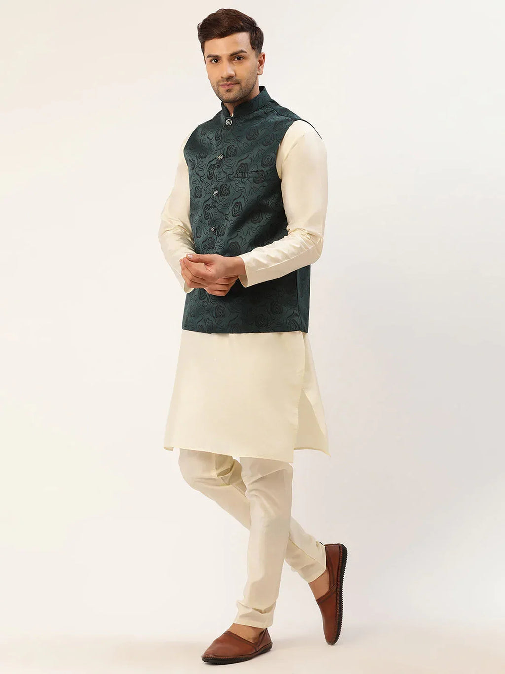 Jompers Men's Solid Kurta Pyjama With Teal Floral Embroidered Nehru Jacket | Grocsy