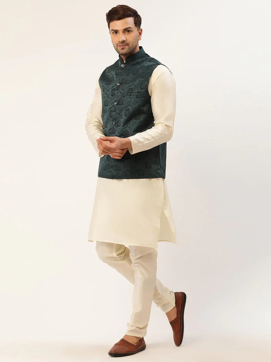 Jompers Men's Solid Kurta Pyjama With Teal Floral Embroidered Nehru Jacket | Grocsy