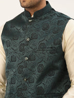 Jompers Men's Solid Kurta Pyjama With Teal Floral Embroidered Nehru Jacket | Grocsy
