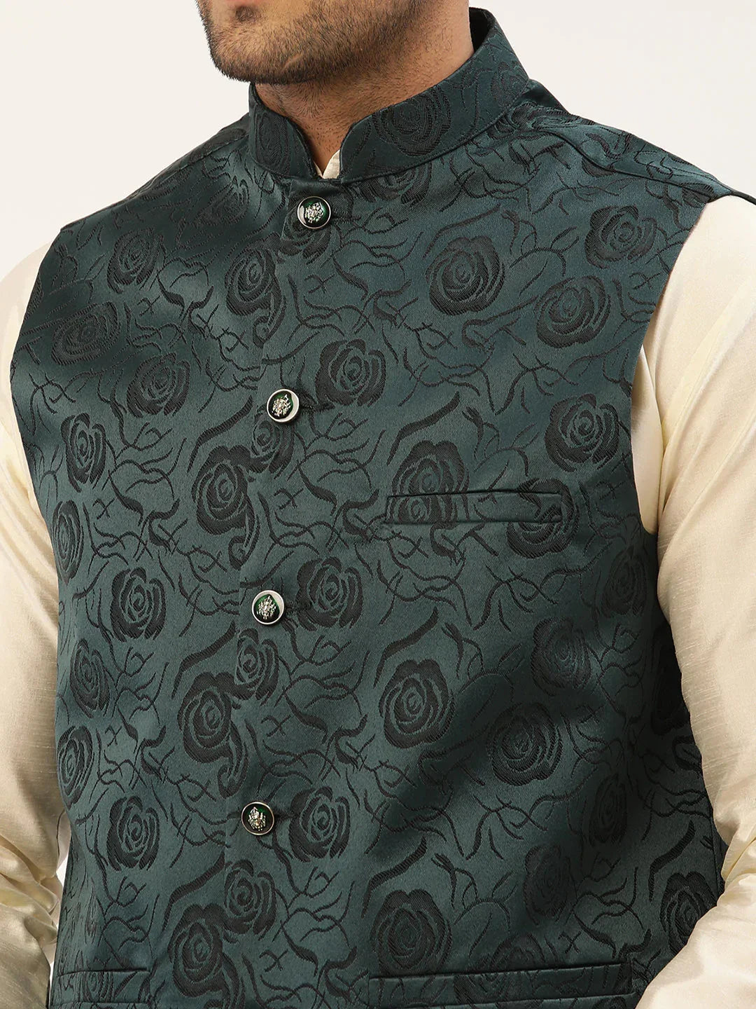 Jompers Men's Solid Kurta Pyjama With Teal Floral Embroidered Nehru Jacket | Grocsy