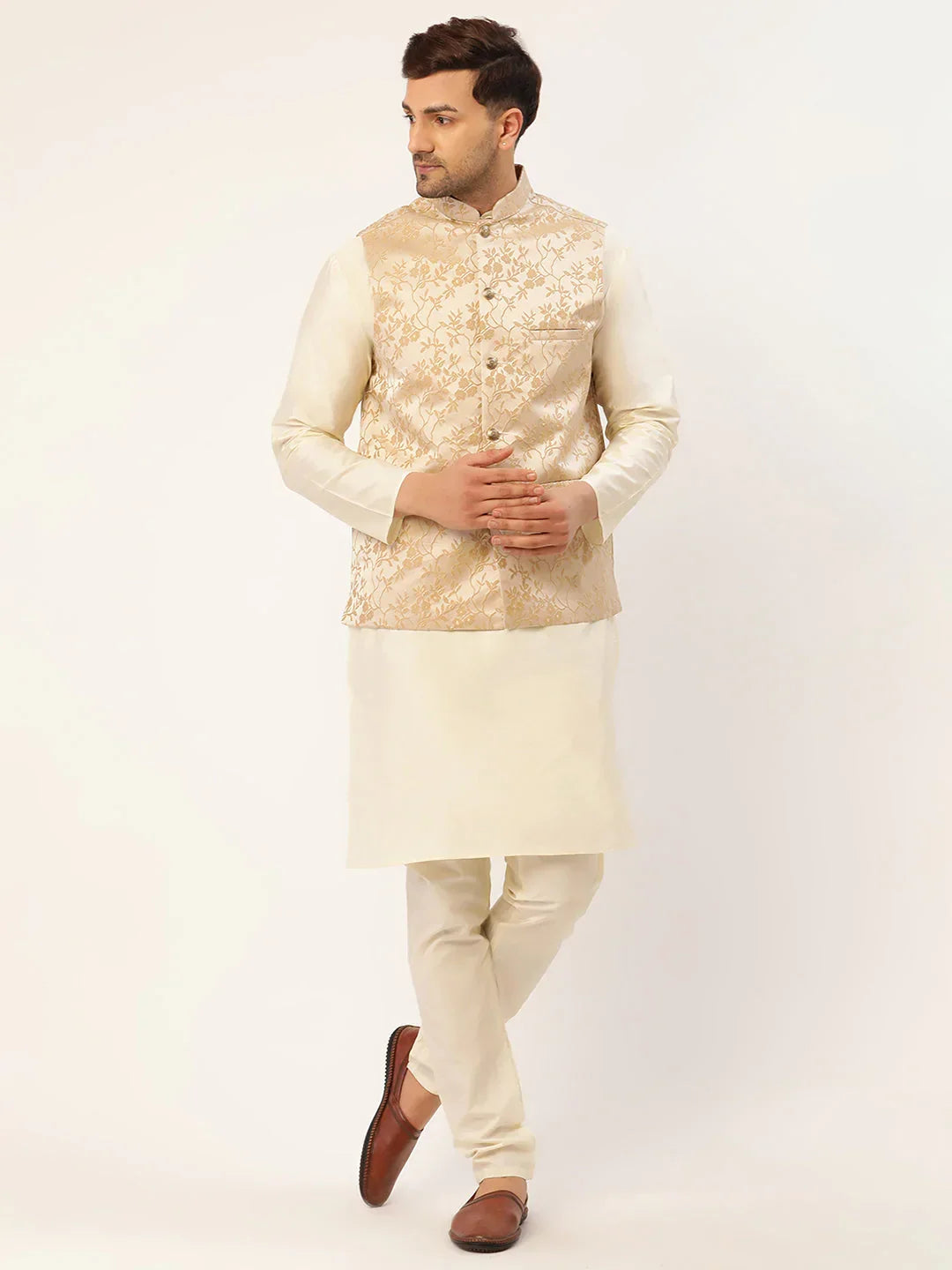 Jompers Men's Solid Kurta Pyjama With Beige Floral Embroidered Nehru Jacket | Grocsy