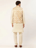 Jompers Men's Solid Kurta Pyjama With Beige Floral Embroidered Nehru Jacket | Grocsy