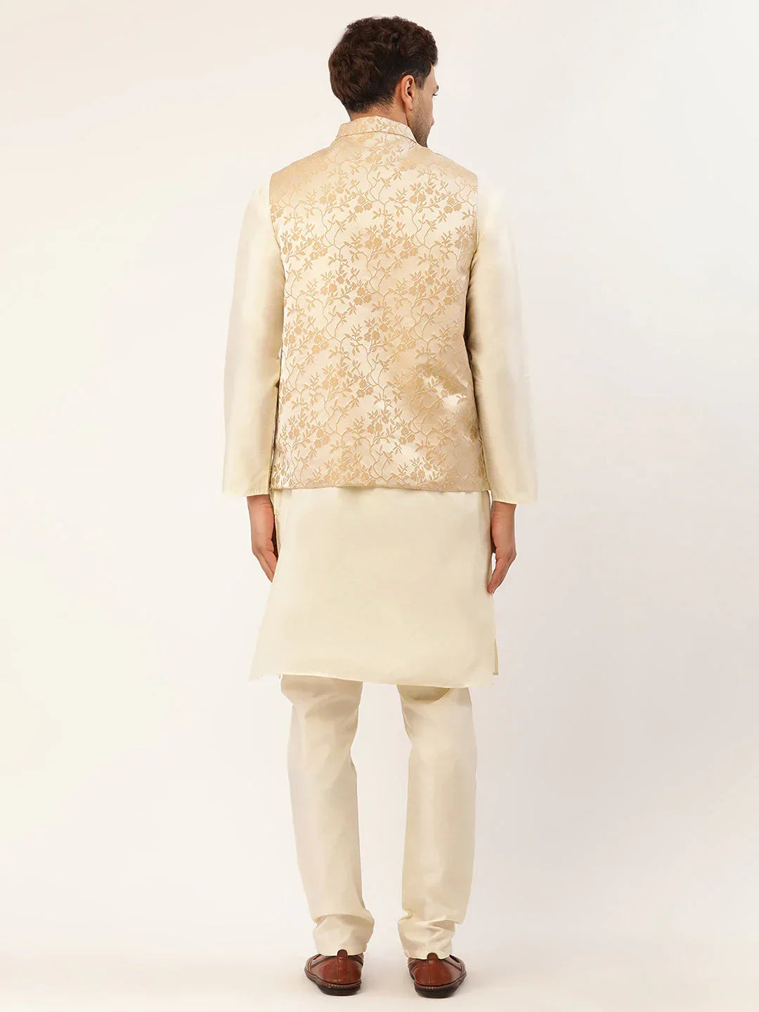 Jompers Men's Solid Kurta Pyjama With Beige Floral Embroidered Nehru Jacket | Grocsy