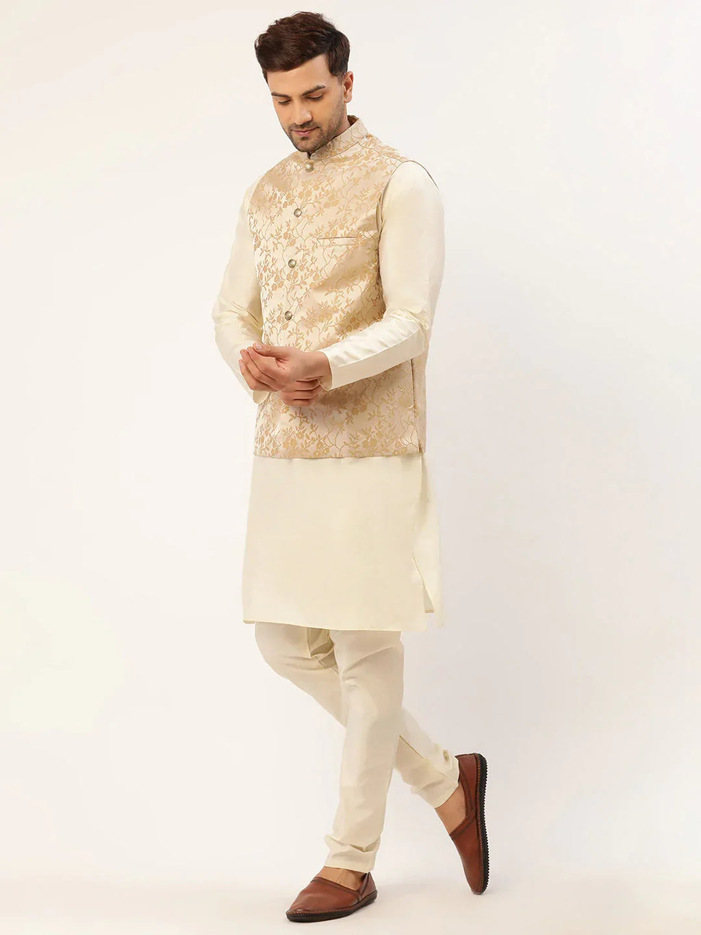 Jompers Men's Solid Kurta Pyjama With Beige Floral Embroidered Nehru Jacket | Grocsy