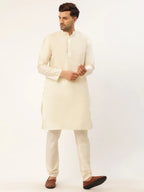 Jompers Men's Solid Kurta Pyjama With Beige Floral Embroidered Nehru Jacket | Grocsy