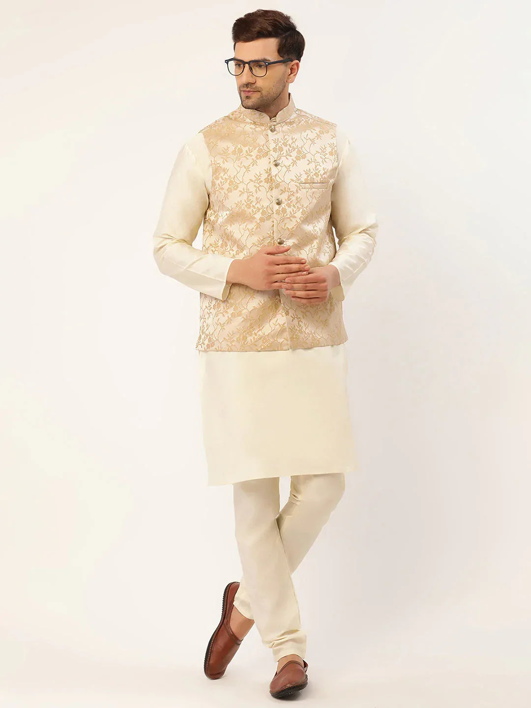 Jompers Men's Solid Kurta Pyjama With Beige Floral Embroidered Nehru Jacket | Grocsy
