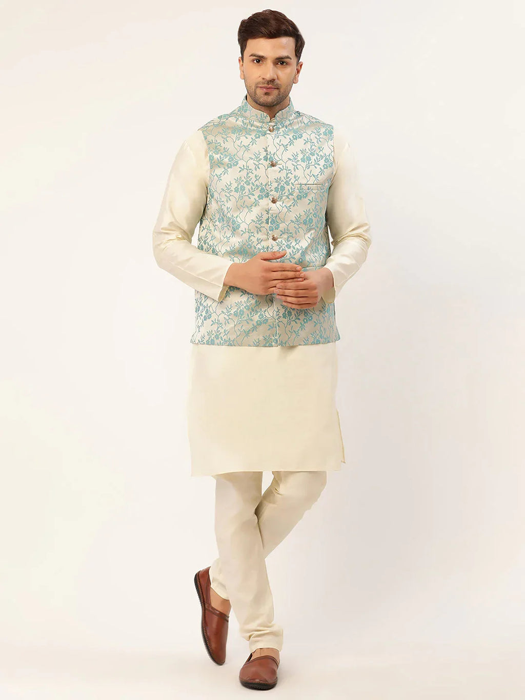 Jompers Men's Solid Kurta Pyjama With Blue Floral Embroidered Nehru Jacket | Grocsy