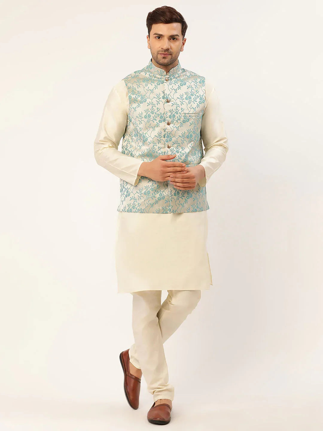 Jompers Men's Solid Kurta Pyjama With Blue Floral Embroidered Nehru Jacket | Grocsy