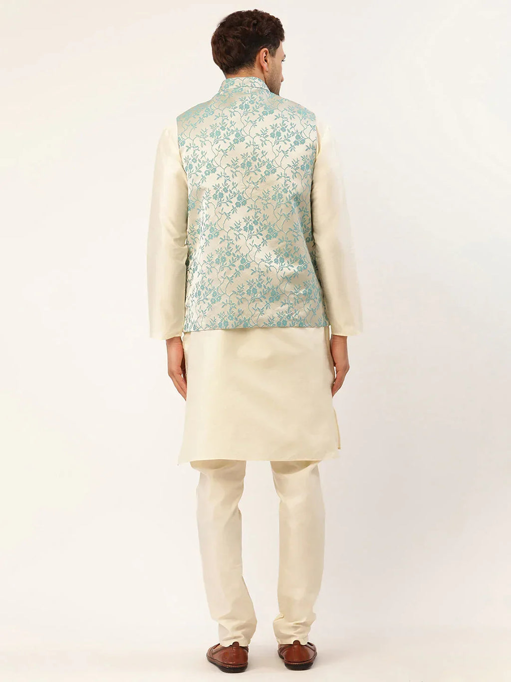 Jompers Men's Solid Kurta Pyjama With Blue Floral Embroidered Nehru Jacket | Grocsy