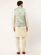 Jompers Men's Solid Kurta Pyjama With Blue Floral Embroidered Nehru Jacket | Grocsy