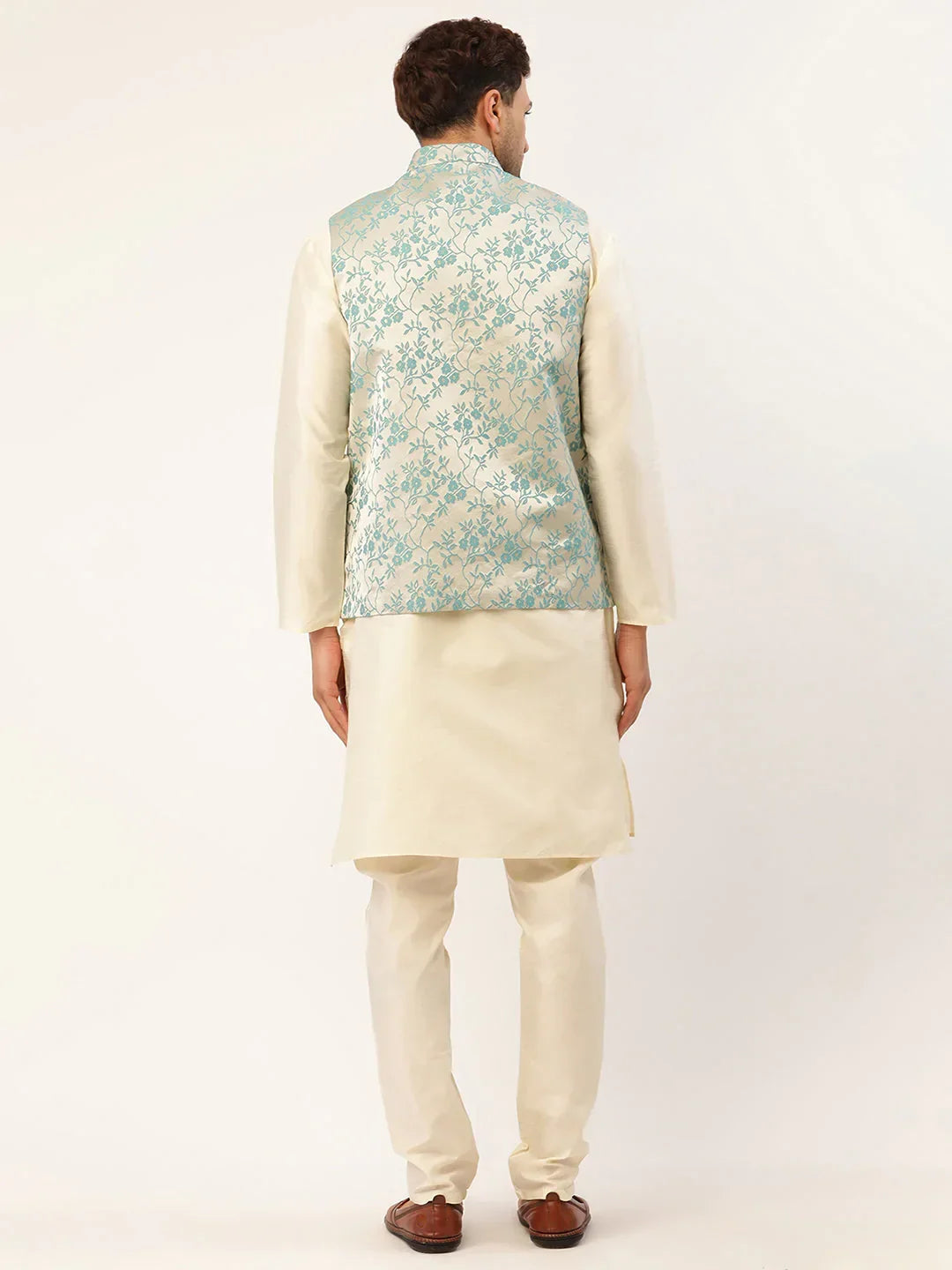 Jompers Men's Solid Kurta Pyjama With Blue Floral Embroidered Nehru Jacket | Grocsy
