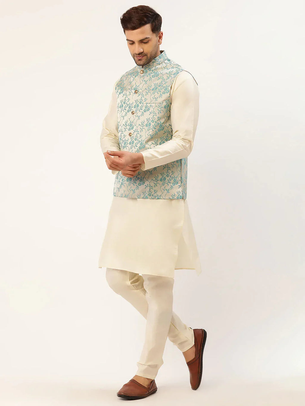 Jompers Men's Solid Kurta Pyjama With Blue Floral Embroidered Nehru Jacket | Grocsy