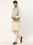 Jompers Men's Solid Kurta Pyjama With Blue Floral Embroidered Nehru Jacket | Grocsy
