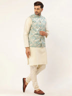 Jompers Men's Solid Kurta Pyjama With Blue Floral Embroidered Nehru Jacket | Grocsy