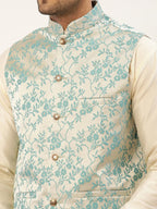 Jompers Men's Solid Kurta Pyjama With Blue Floral Embroidered Nehru Jacket | Grocsy