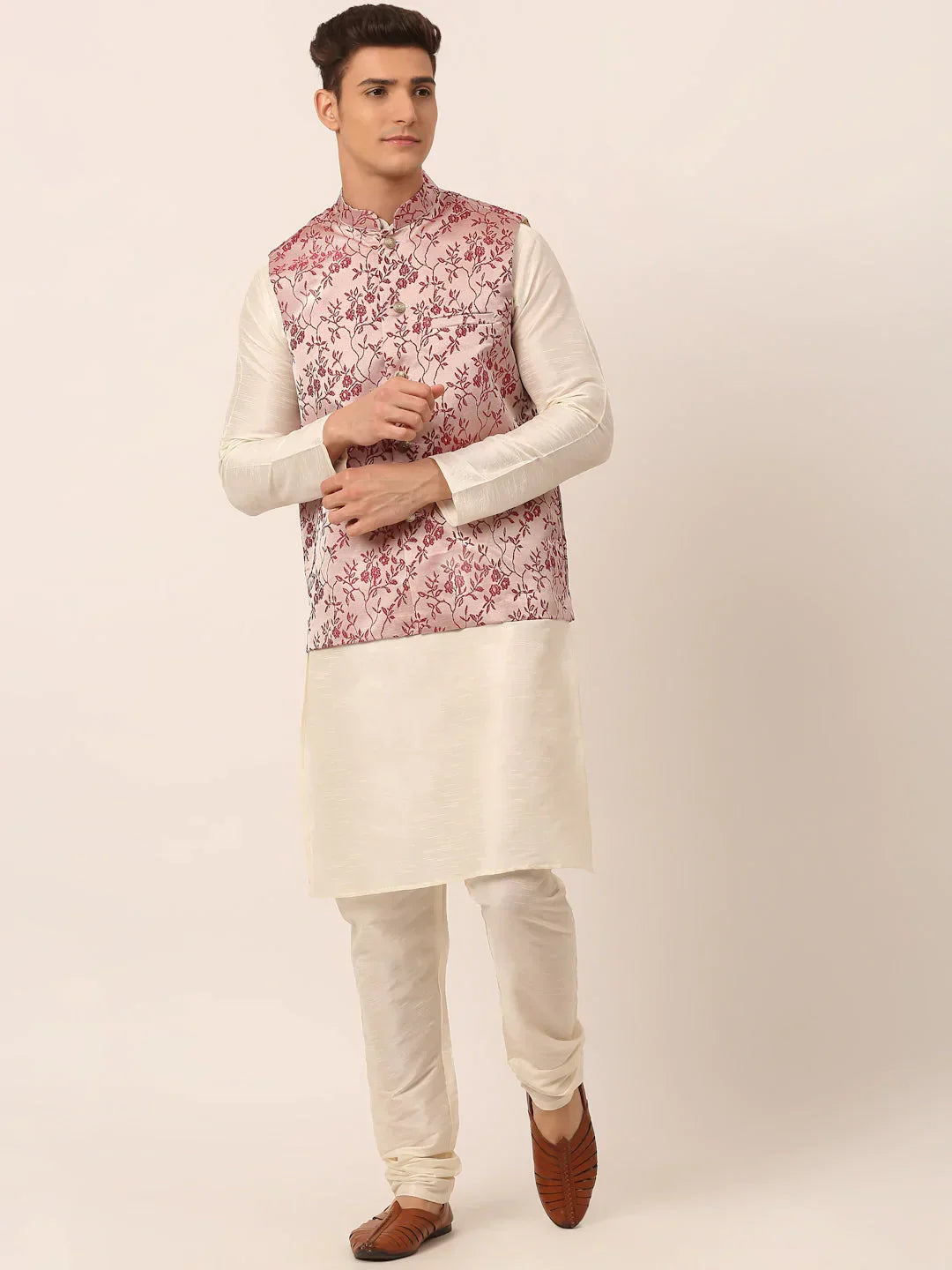 Jompers Men's Solid Kurta Pyjama With Maroon Floral Embroidered Nehru Jacket | Grocsy