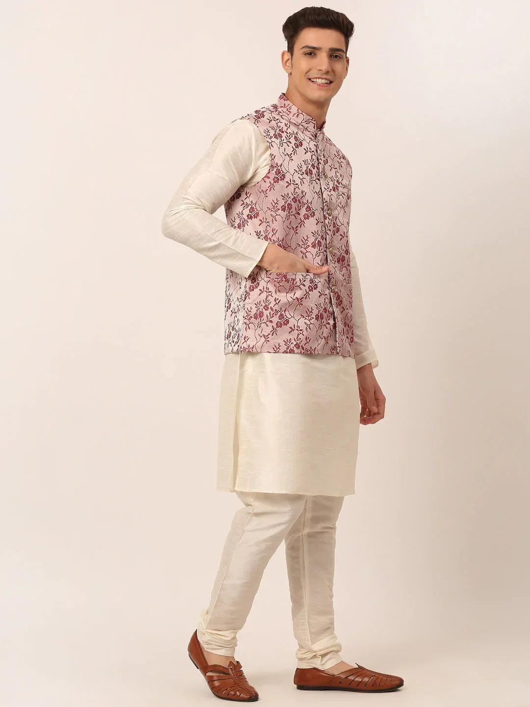 Jompers Men's Solid Kurta Pyjama With Maroon Floral Embroidered Nehru Jacket | Grocsy