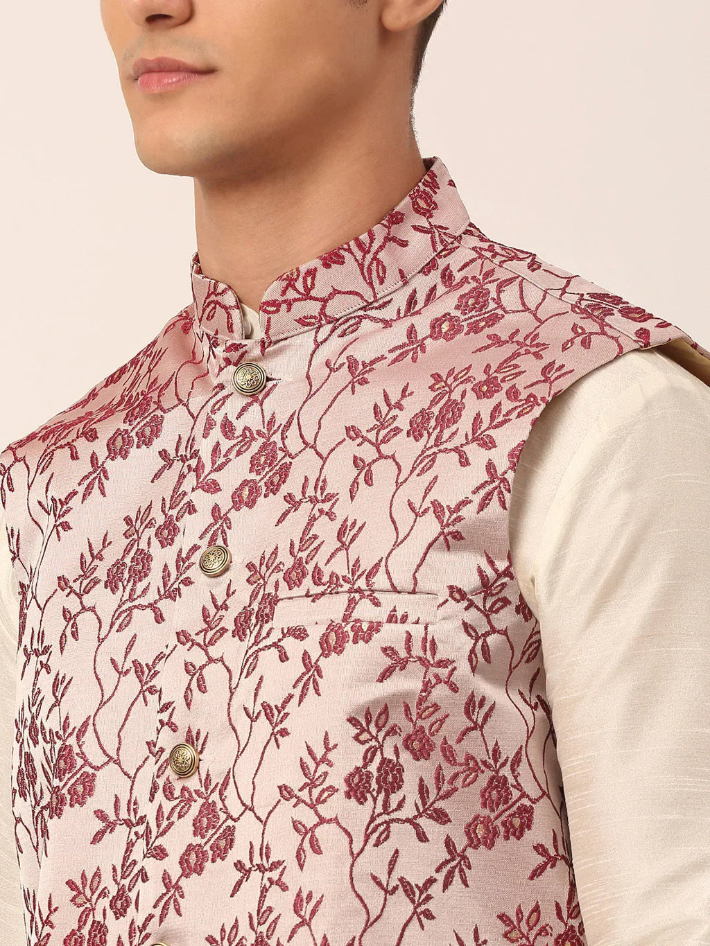 Jompers Men's Solid Kurta Pyjama With Maroon Floral Embroidered Nehru Jacket | Grocsy