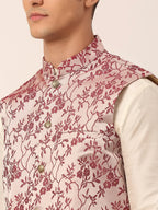 Jompers Men's Solid Kurta Pyjama With Maroon Floral Embroidered Nehru Jacket | Grocsy