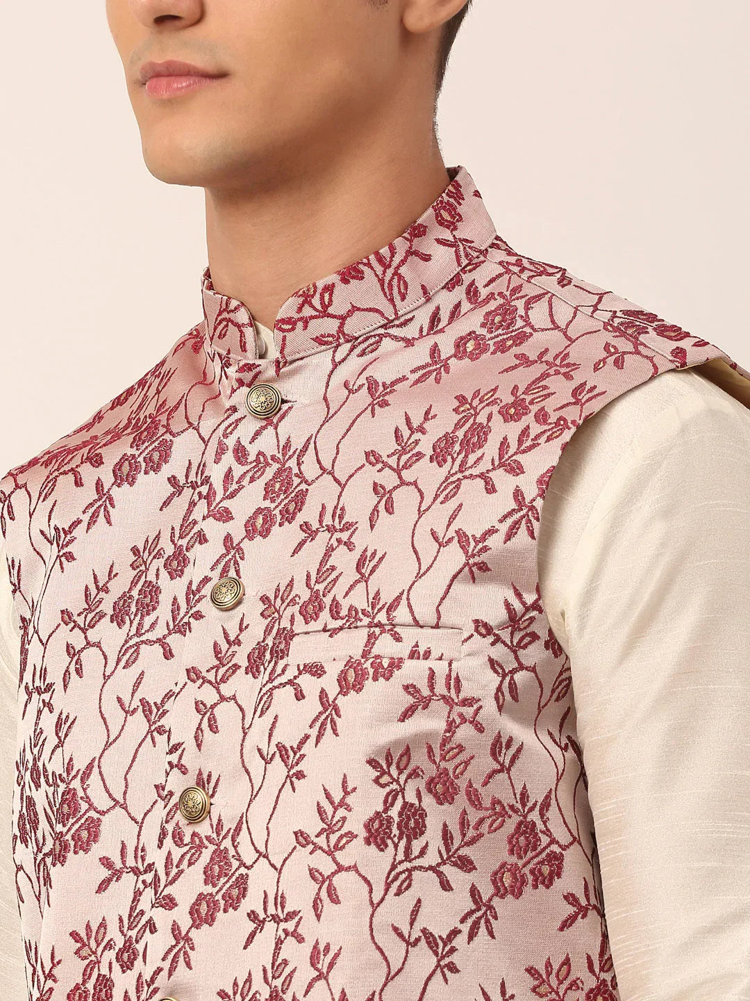 Jompers Men's Solid Kurta Pyjama With Maroon Floral Embroidered Nehru Jacket | Grocsy