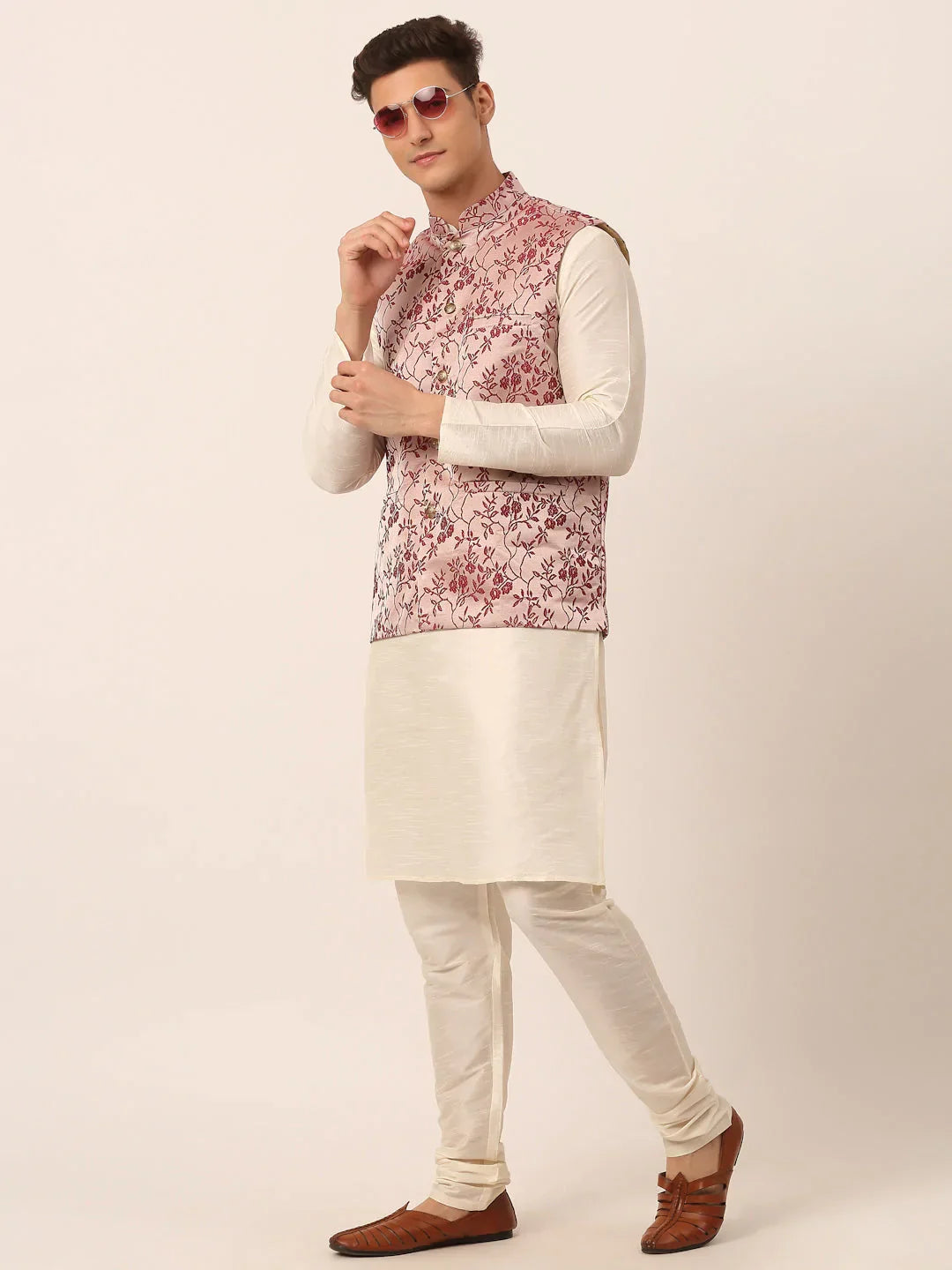 Jompers Men's Solid Kurta Pyjama With Maroon Floral Embroidered Nehru Jacket | Grocsy