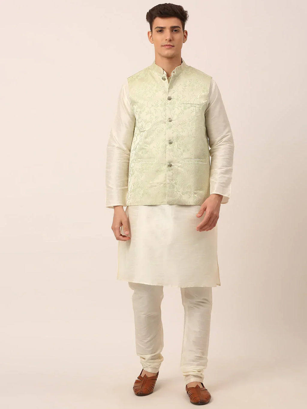 Jompers Men's Solid Kurta Pyjama With Pista Green Floral Embroidered Nehru Jacket | Grocsy