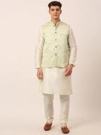 Jompers Men's Solid Kurta Pyjama With Pista Green Floral Embroidered Nehru Jacket | Grocsy