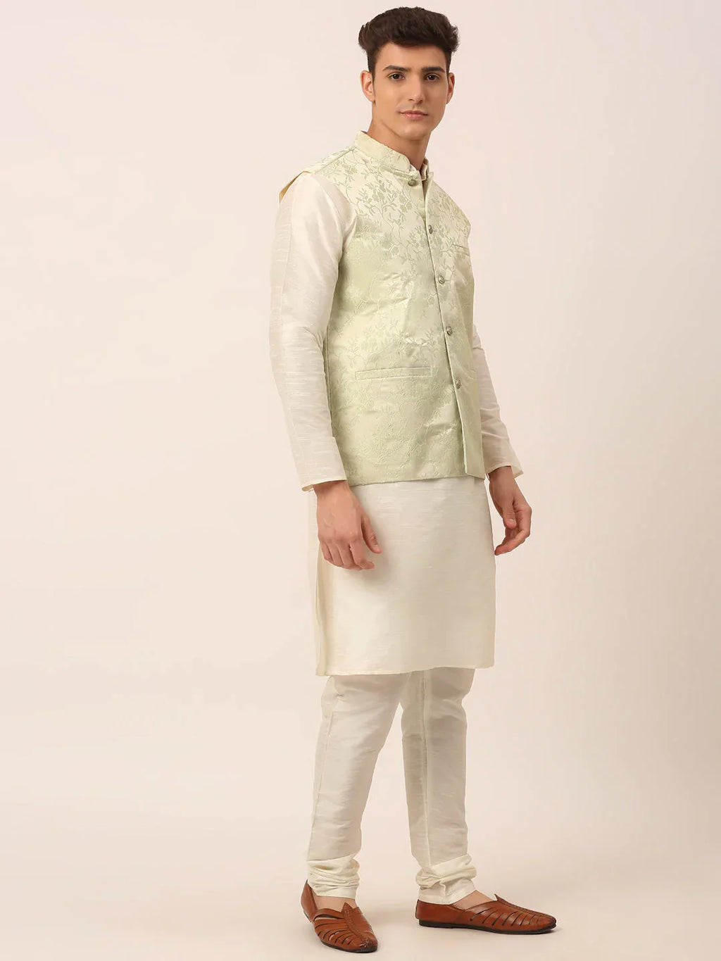 Jompers Men's Solid Kurta Pyjama With Pista Green Floral Embroidered Nehru Jacket | Grocsy