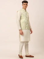 Jompers Men's Solid Kurta Pyjama With Pista Green Floral Embroidered Nehru Jacket | Grocsy