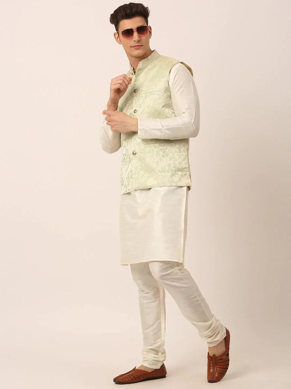 Jompers Men's Solid Kurta Pyjama With Pista Green Floral Embroidered Nehru Jacket | Grocsy