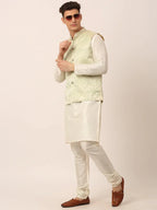 Jompers Men's Solid Kurta Pyjama With Pista Green Floral Embroidered Nehru Jacket | Grocsy