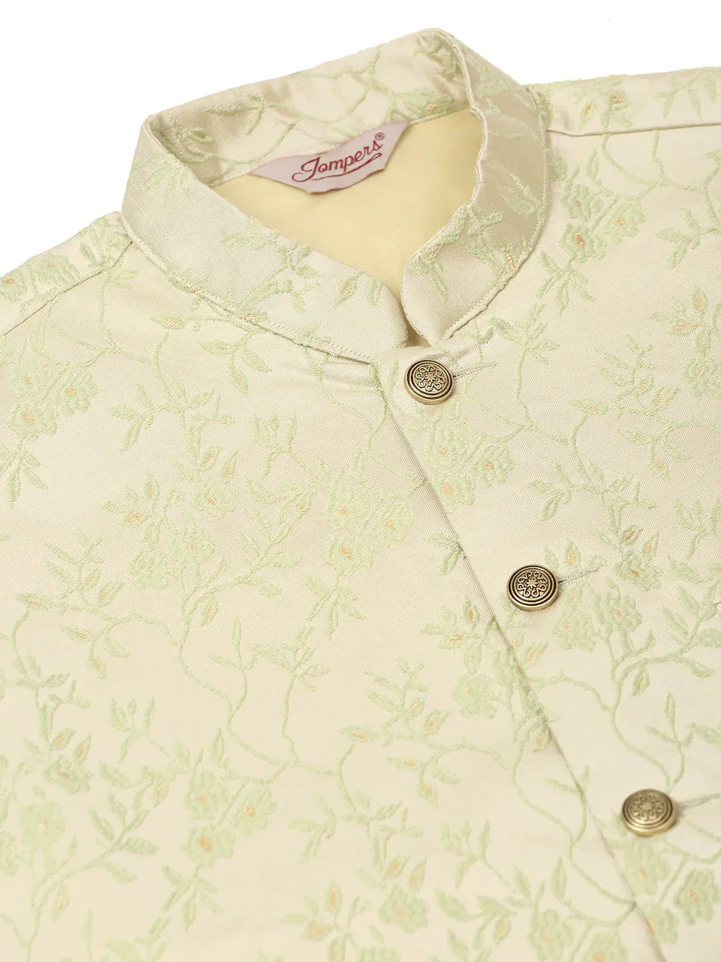 Jompers Men's Solid Kurta Pyjama With Pista Green Floral Embroidered Nehru Jacket | Grocsy