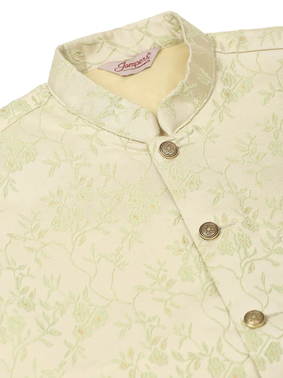 Jompers Men's Solid Kurta Pyjama With Pista Green Floral Embroidered Nehru Jacket | Grocsy