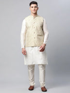 Jompers Men's Dupion Silk Kurta Pyjama With Beige Printed Nehru Jacket | Grocsy