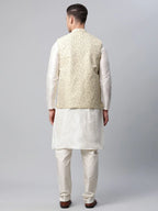 Jompers Men's Dupion Silk Kurta Pyjama With Beige Printed Nehru Jacket | Grocsy
