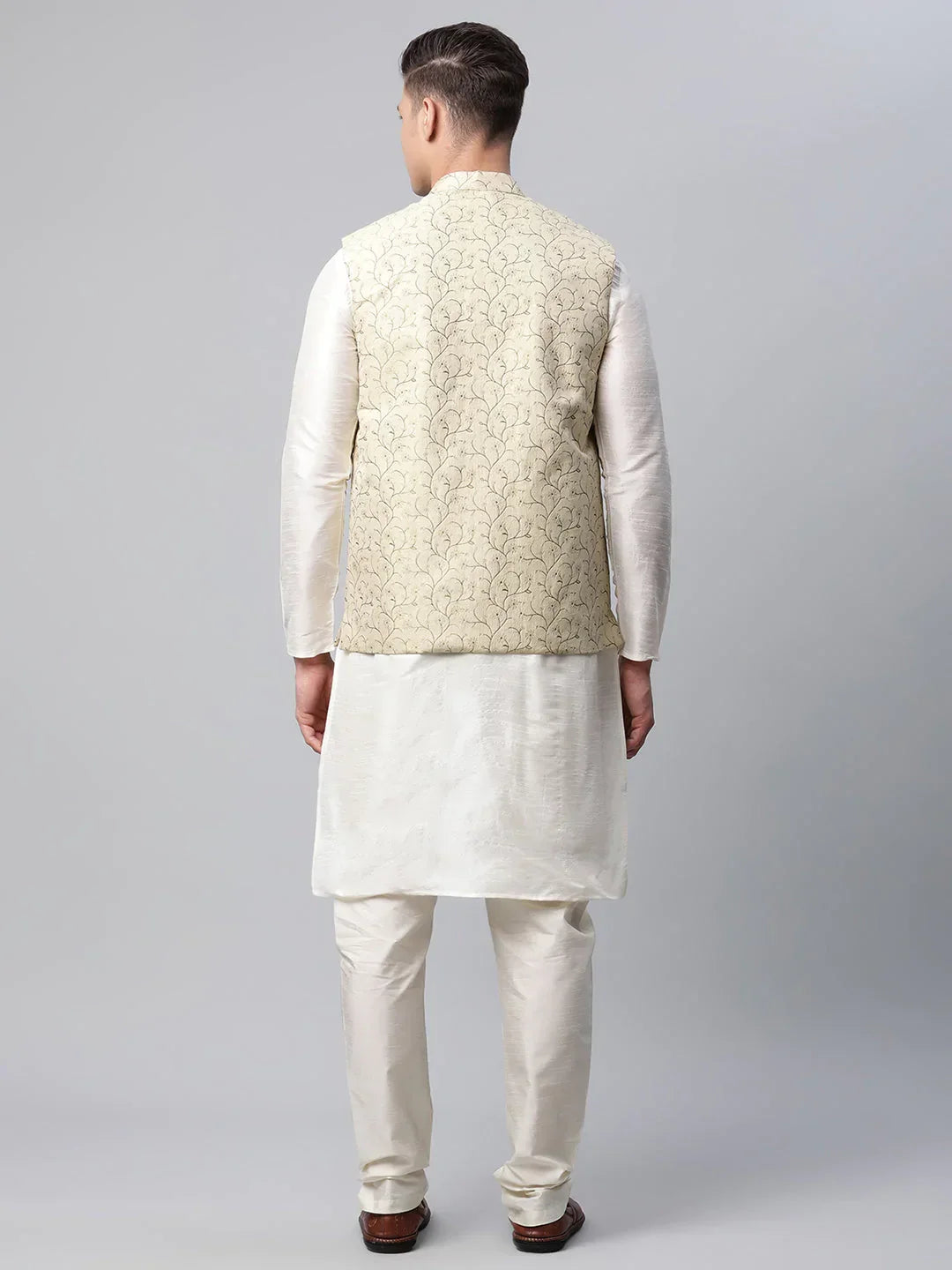 Jompers Men's Dupion Silk Kurta Pyjama With Beige Printed Nehru Jacket | Grocsy