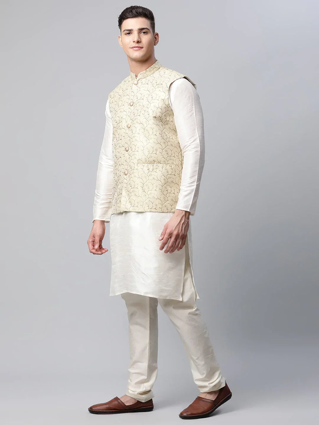 Jompers Men's Dupion Silk Kurta Pyjama With Beige Printed Nehru Jacket | Grocsy