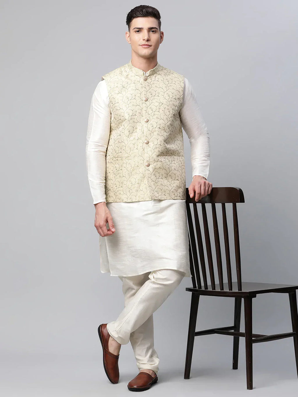Jompers Men's Dupion Silk Kurta Pyjama With Beige Printed Nehru Jacket | Grocsy