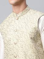 Jompers Men's Dupion Silk Kurta Pyjama With Beige Printed Nehru Jacket | Grocsy
