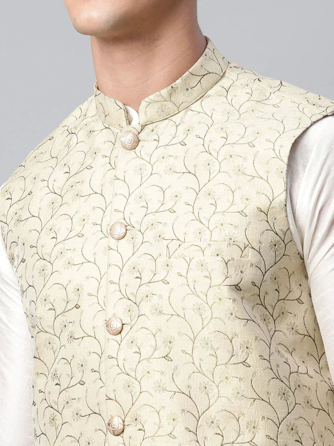 Jompers Men's Dupion Silk Kurta Pyjama With Beige Printed Nehru Jacket | Grocsy