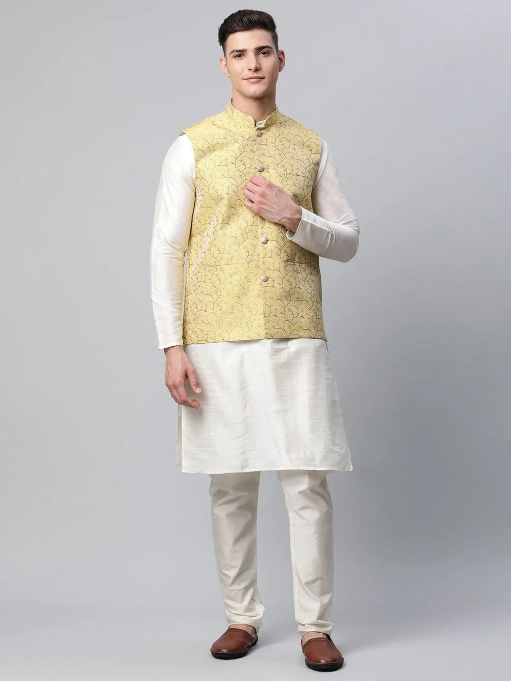 Jompers Men's Dupion Silk Kurta Pyjama With Lemon Printed Nehru Jacket | Grocsy