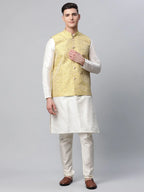 Jompers Men's Dupion Silk Kurta Pyjama With Lemon Printed Nehru Jacket | Grocsy
