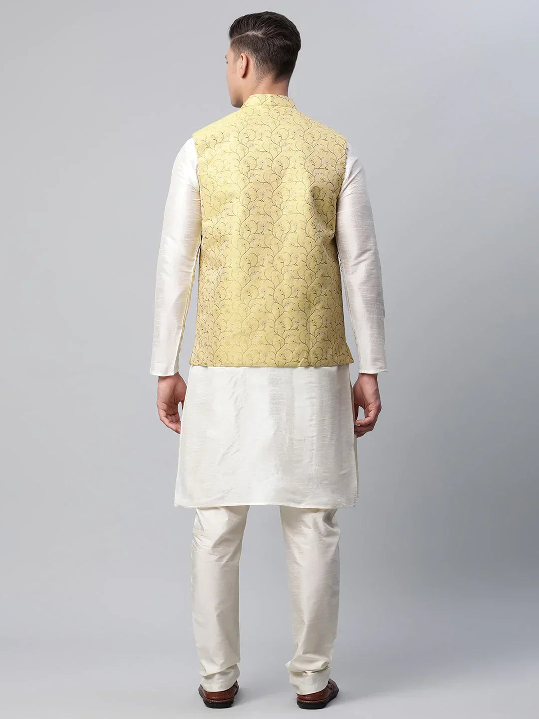 Jompers Men's Dupion Silk Kurta Pyjama With Lemon Printed Nehru Jacket | Grocsy