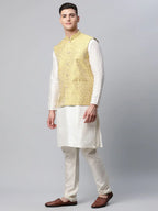 Jompers Men's Dupion Silk Kurta Pyjama With Lemon Printed Nehru Jacket | Grocsy